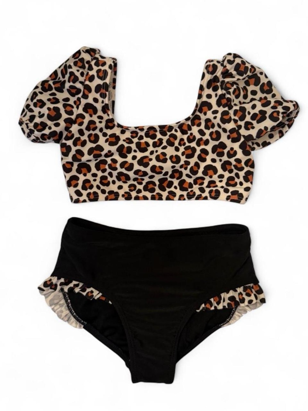 Girls swimsuit 4/5 XS Leopard Puff Sleeve Bikini Top with Black Bottoms